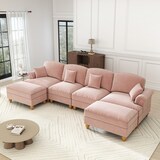 thumbnail of Modulares U-förmiges 4-Sitzer Sofa Chenille 93x350x140 cm Rosa mit abnehmbaren Rüschen und flexiblem Hocker