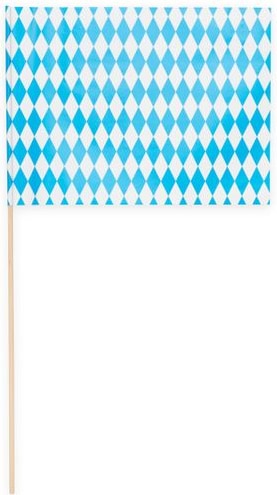 Ein kleines blau-weißes Rautenmuster-Fähnchen auf einem Holzstäbchen.