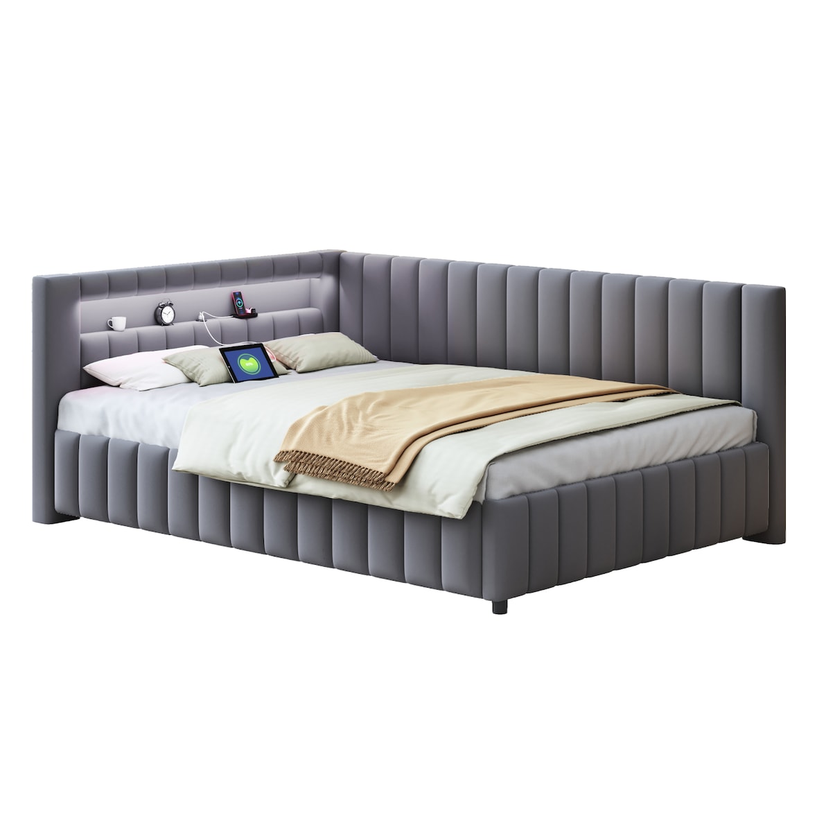 Polsterbett 140x200 mit LED-Beleuchtung, USB-Anschluss und Samtbezug – L-förmiges Design, stabiler Lattenrost, verstellbares Kopfteil, Grau