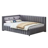 thumbnail of Polsterbett 140x200 mit LED-Beleuchtung, USB-Anschluss und Samtbezug – L-förmiges Design, stabiler Lattenrost, verstellbares Kopfteil, Grau