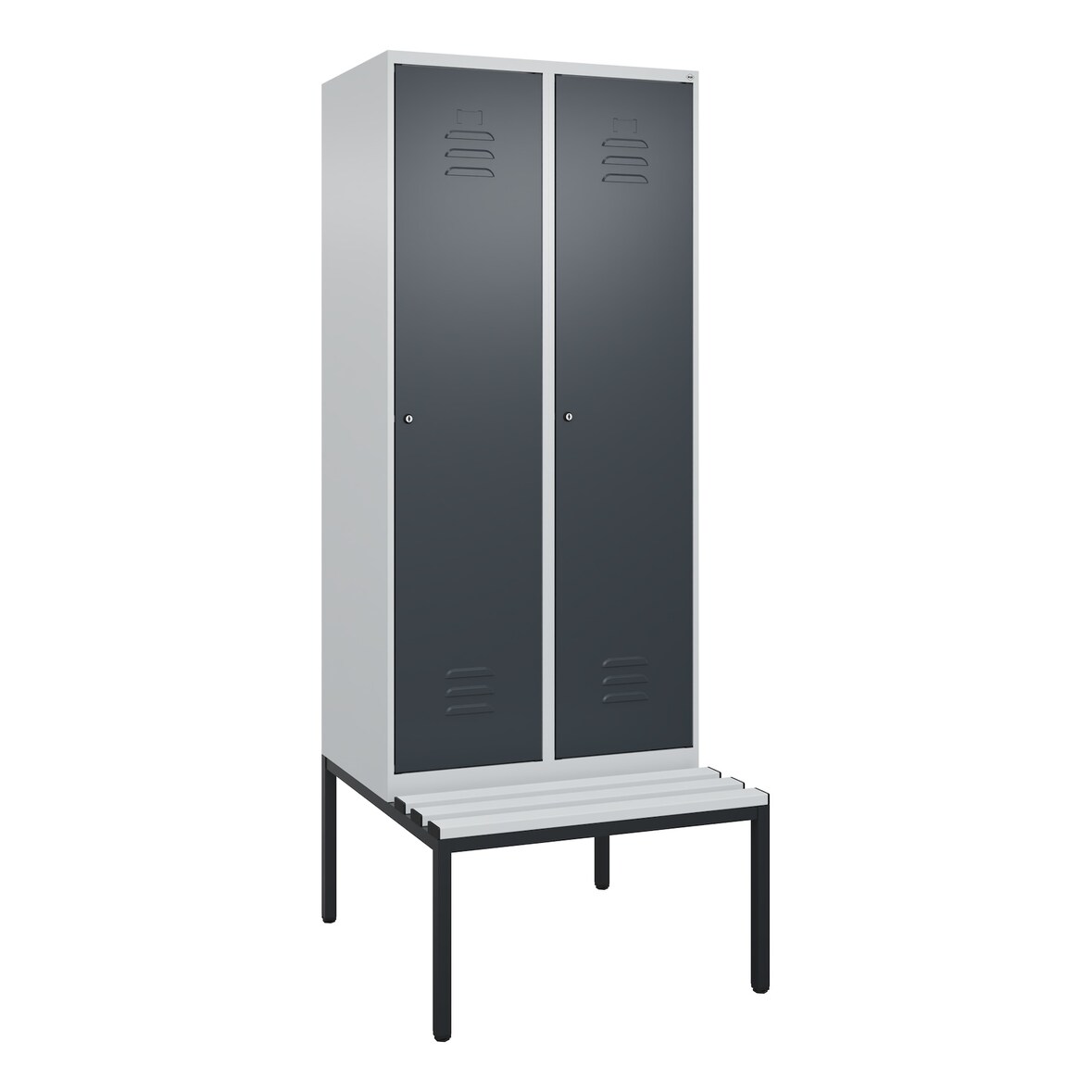 C+P Spind Classic PLUS, Kunststoff untergebaute Sitzbank, 2 Abteile, HxBxT 212x80x82cm, Zylinderschloss, Hellgrau/Anthrazit von PROREGAL