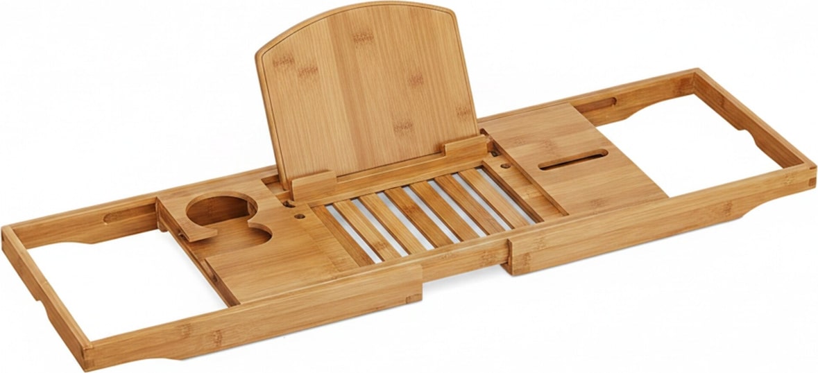 Relaxdays XL Badewannenablage, mit Buchstütze & für Tablet, Luxus Badewannenbrett, Bambus, ausziehbar 70-105 cm, natur
