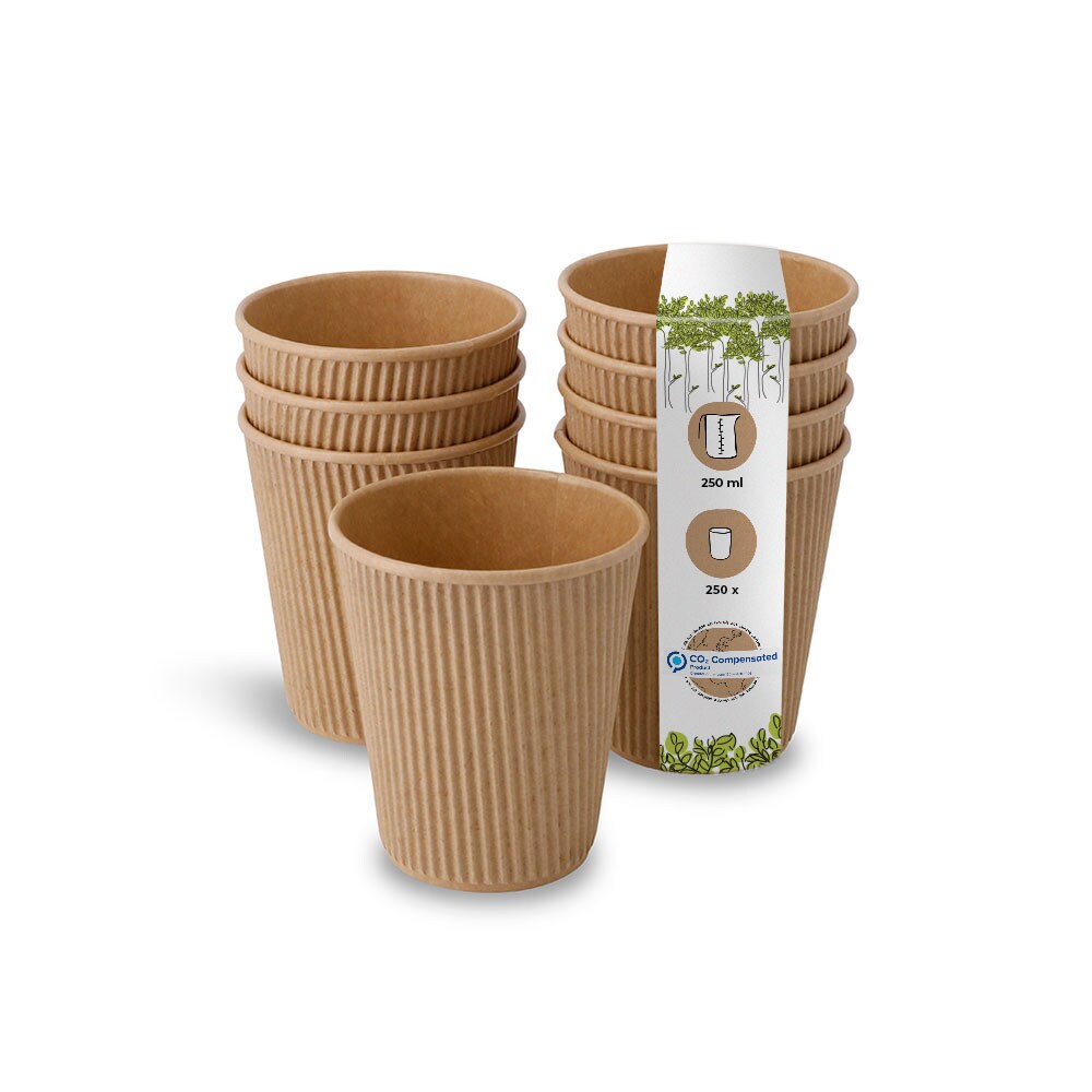 BIOZOYG 250 Stück Riffelbecher 250 ml / 10 oz Kaffee To Go Pappbecher, ungebleicht braun, Einwegbecher, Nachhaltig, Biologisch Abbaubar, Einwegbecher