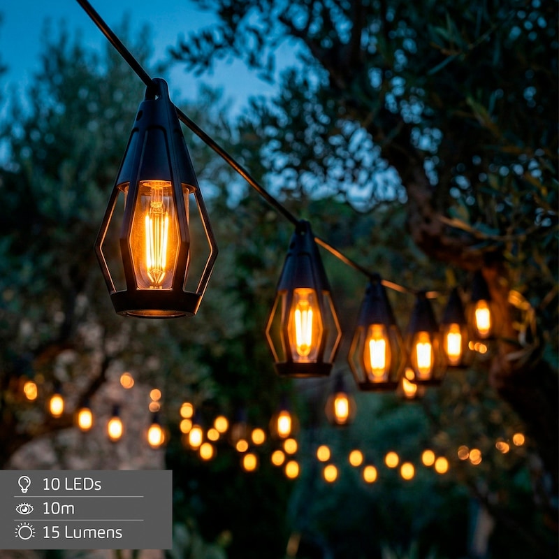 Luces de cadena con formas de bombilla en un árbol.