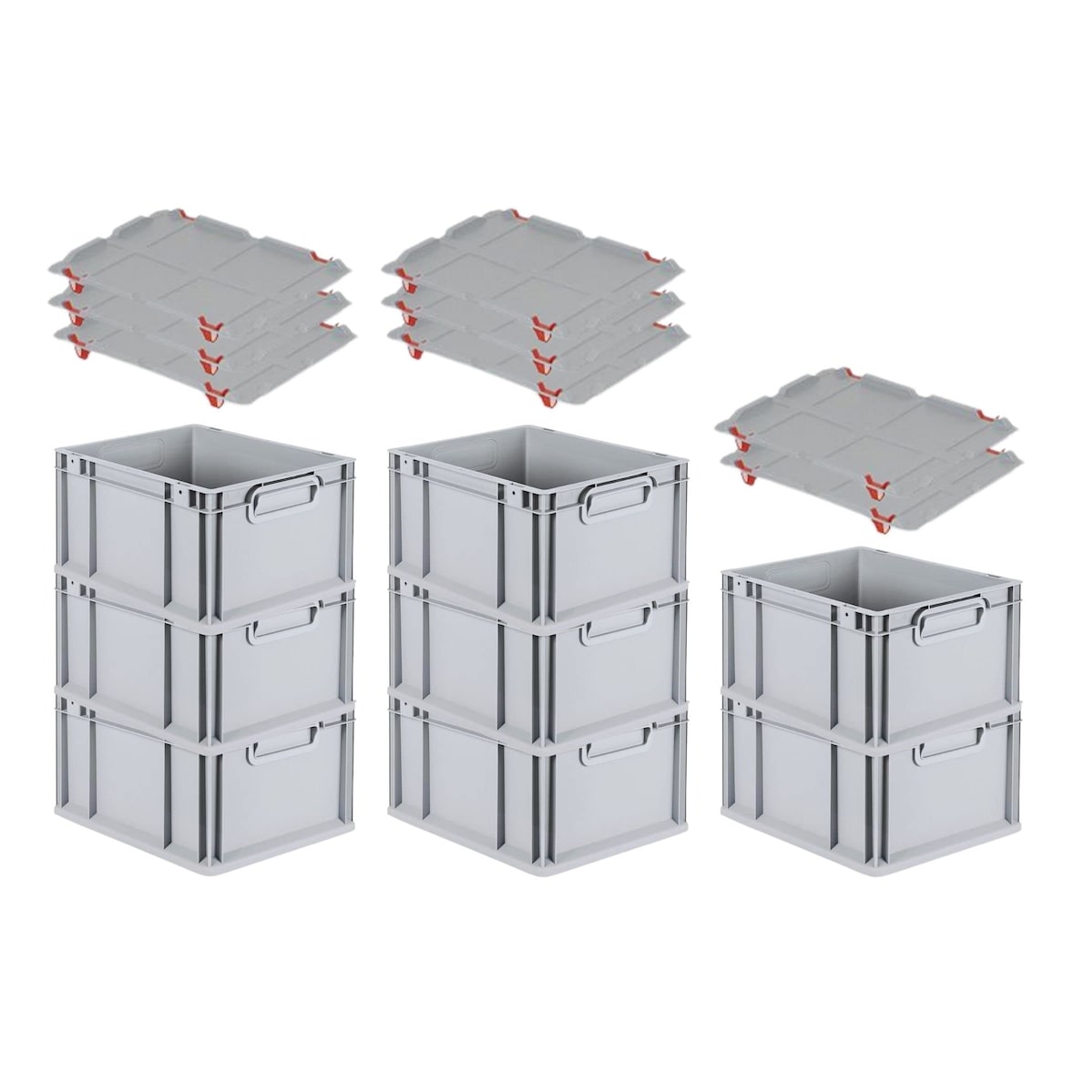 PROREGAL SuperSparSet 8x Eurobox NextGen Grip mit Auflagedeckel & 4 roten Verschlüssen, HxBxT 22x30x40cm, 20L, Grau, Griffe zu, Eurobehälter