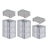 thumbnail of PROREGAL SuperSparSet 8x Eurobox NextGen Grip mit Auflagedeckel & 4 roten Verschlüssen, HxBxT 22x30x40cm, 20L, Grau, Griffe zu, Eurobehälter