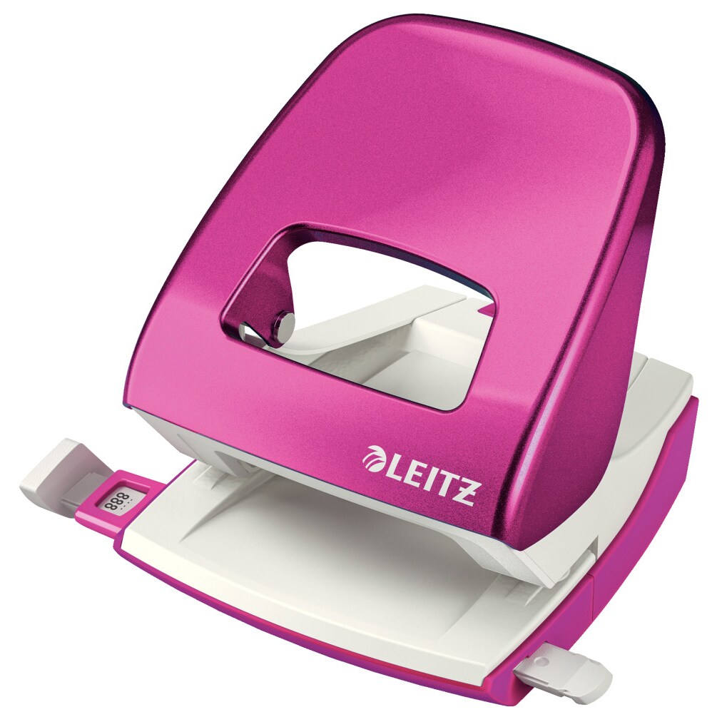 LEITZ Perforateur Rose métallisé, 30 feuilles, réglette à clic. Effort réduit de 60% livré en Boîte