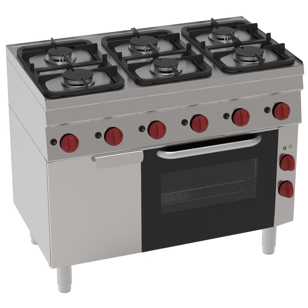 EURAST - Fogão a gás de 6 queimadores 1 forno conv. elétrico 440x380 - 1050x600x850 mm - 19,8 Kw + 2,5 Kw 230/1V - 42800311