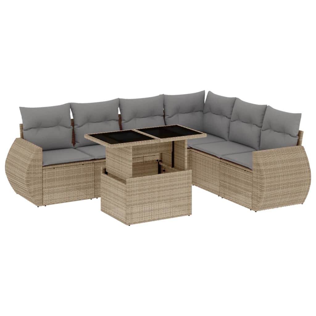 vidaXL 7-tlg. Garten-Sofagarnitur mit Kissen Beige Poly Rattan
