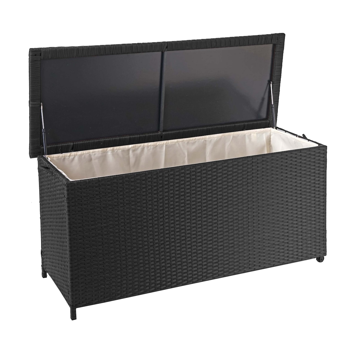 Cassetta per cuscini in rattan HWC-D88, cassapanca da giardino cassetta per cuscini ~ Premium nero, 63x135x52cm 320l