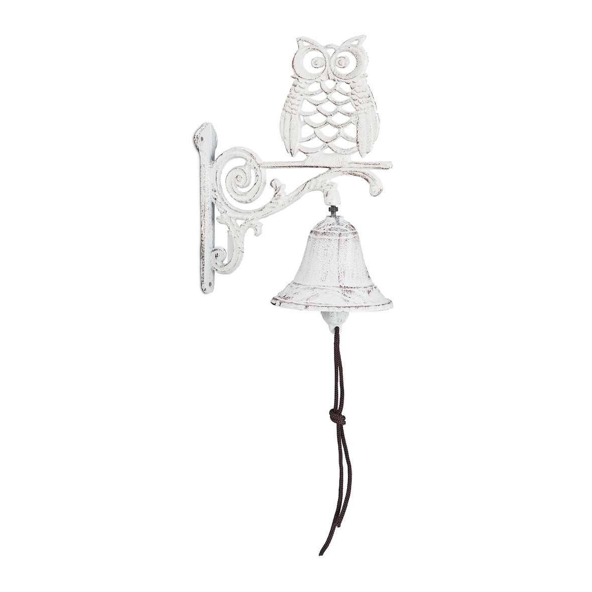 Relaxdays Türglocke Gusseisen, Eule, antiker Landhausstil, mit Kordel, wetterfest, Wandglocke Haustür, Gartendeko, weiß