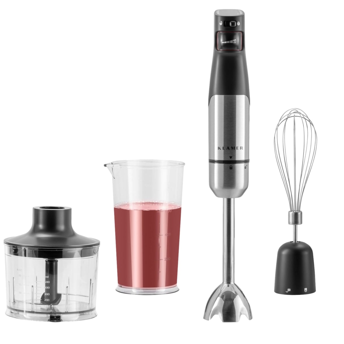 KLAMER Stabmixer Set 1000 Watt, 4 in 1 Pürierstab Edelstahl mit SmartSpeed per Fingerdruck, inkl. 3-teiligem Zubehör-Set, Messbecher & Schneebesen