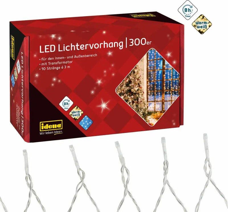 Lichtervorhang 300 LED warmweiß 8h Timer 8 m, mit Netzteil