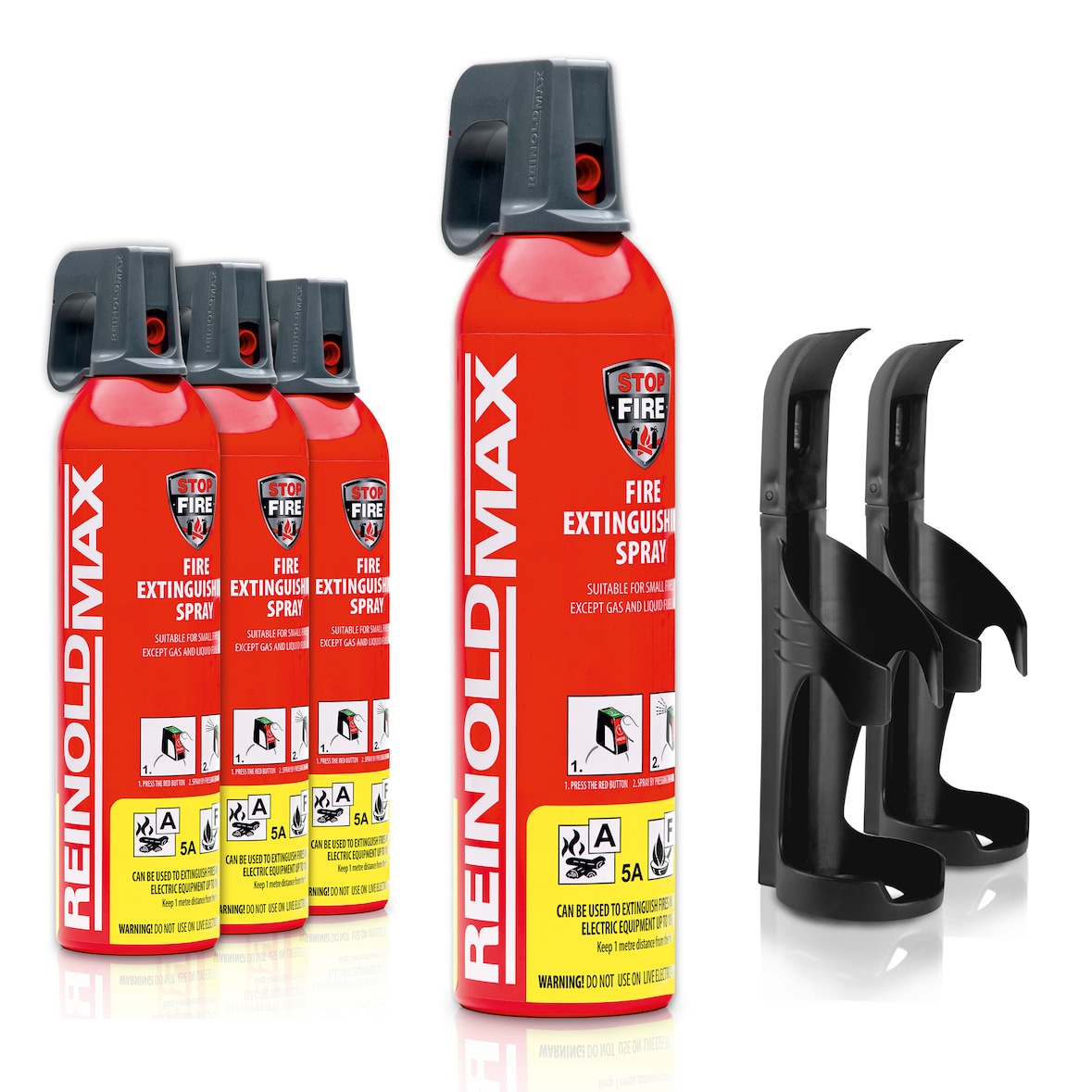 XENOTEC Premium Feuerlöschspray –4 x 750ml – Wandhalter - Stopfire – Autofeuerlöscher – REINOLDMAX – inkl. 2 Wandhalterung schwarz – wiederverwendbar