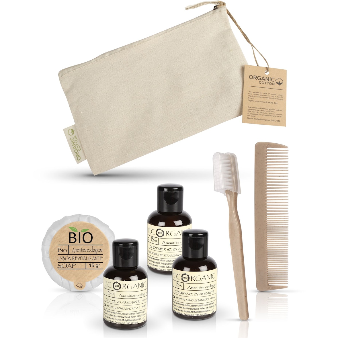 Kit de higiene en neceser algodón 100% fibras organicas completo | 50 unidades