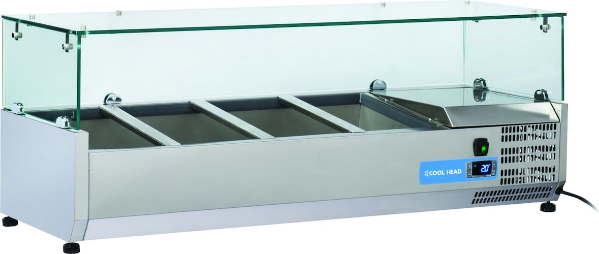 Edelstahl-Kühlvitrine für 3 GN1/3 + 1 GN1/2 Tabletts. Abmessungen 120x39.5x44h cm. Temperatur +2°C/+8°C. Kühlkopf VRX 12/38
