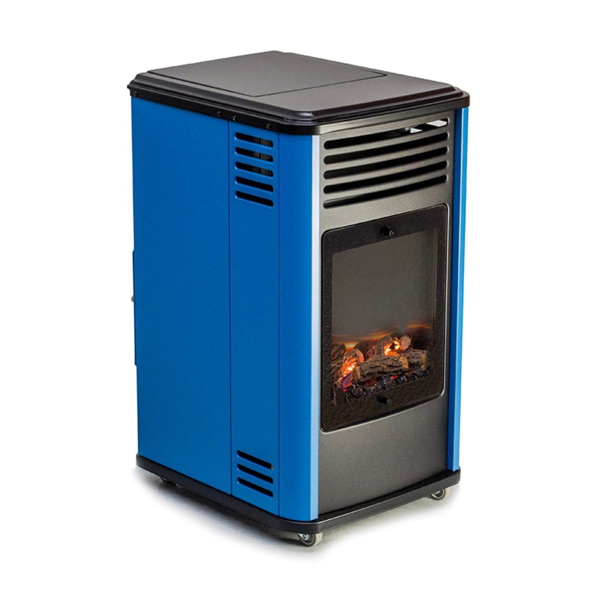 Poêle à gaz 3,4KW Bleu et Noir - Chauffage d'appoint effet Feu de bois Manhattan Sahara