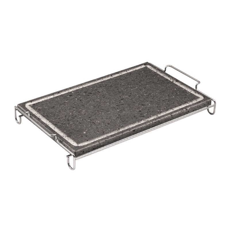 Rechthoekige speksteen lavasteen 40x25 cm met roestvrijstalen steun.