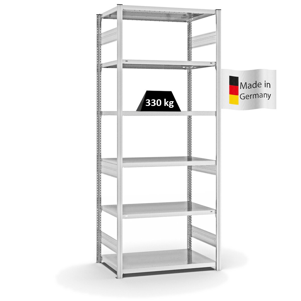 PROREGAL Fachbodenregal Stecksystem | Grundregal | HxBxT 250x100x60cm | 6 Ebenen | Fachlast 330 kg | Beidseitig nutzbar | Lichtgrau