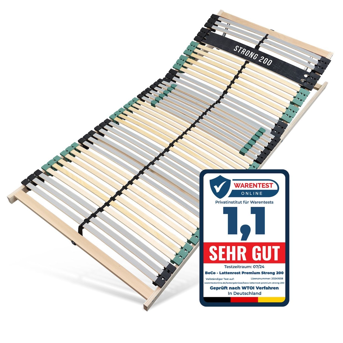 Lattenrost 140x200 PREMIUM STRONG 200 aus Buchenholz, Kopfteil verstellbar, 7 Zonen Lattenrost mit 42 Latten, Made in Germany, bis 200Kg