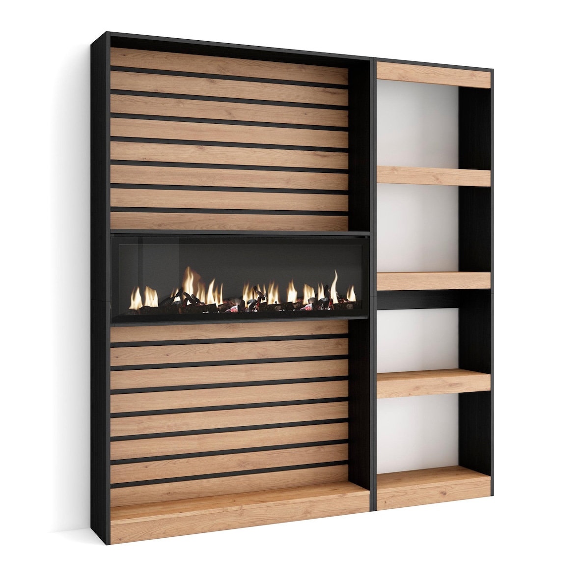 Libreria scaffale, Scaffali in legno a ripiani, 170x25x186cm, Soggiorno - Ufficio, Camino elettrico, Stile moderno, Rovere e nero _ 82_2