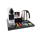 thumbnail of Willkommenstablett SUPREME Schwarz-Braun mit Wasserkocher STYLE 1,0 L Edelstahl und 2 schwarze Porzellantassen mit A5 Prospekthalter