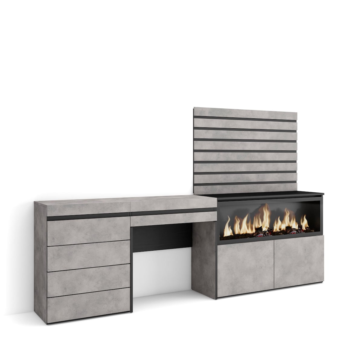 Frisiertisch, Schminktisch, Ablage, 234x35x145 cm, Mit Schublade, XXL-Elektrokamin, Kommode, Dekorative Platten, Zementgrau - 454_54