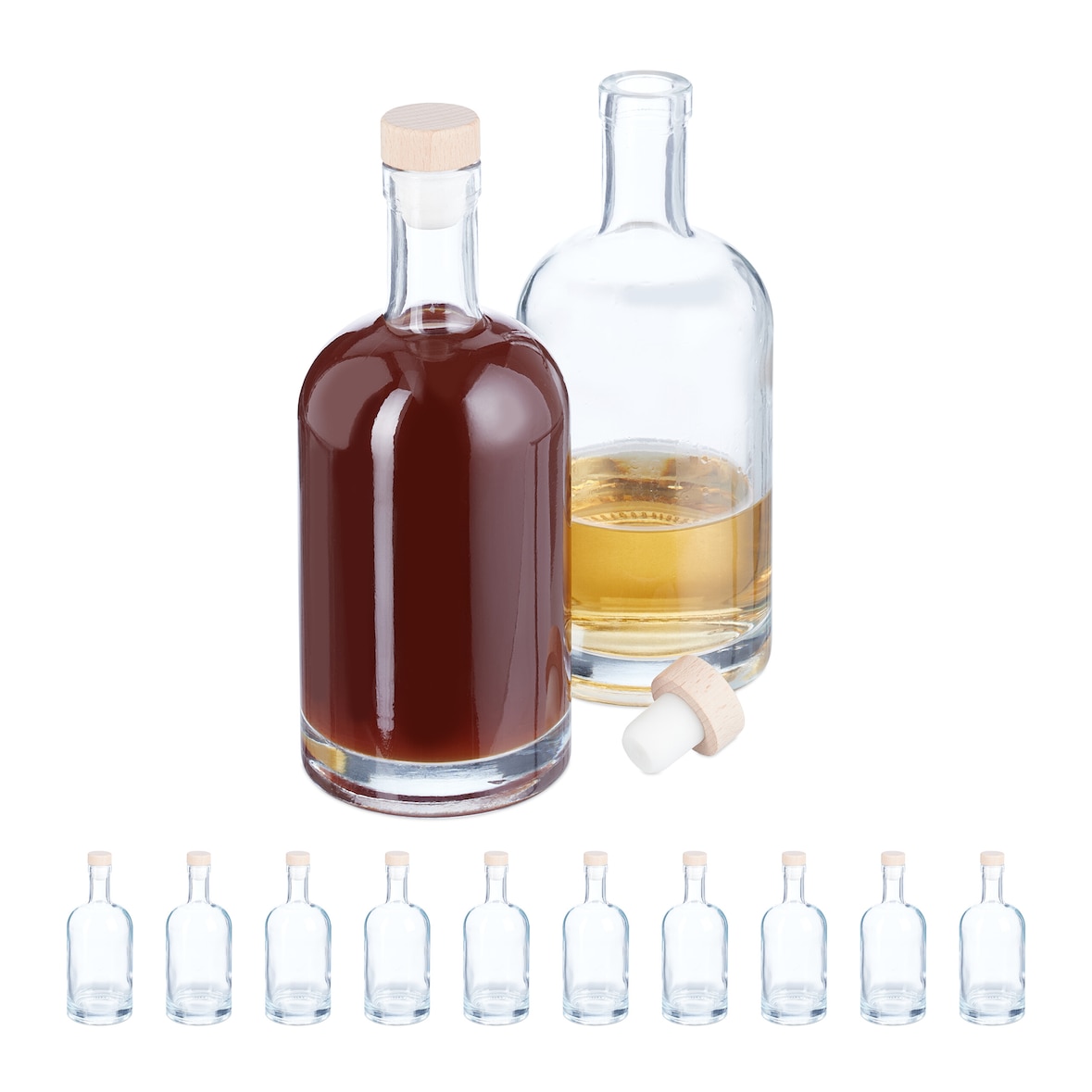 Relaxdays Flaschen zum Befüllen, 12er Set, 500 ml, mit Korken, für Öl, Essig, Schnaps, Likör, Glasflasche, transparent