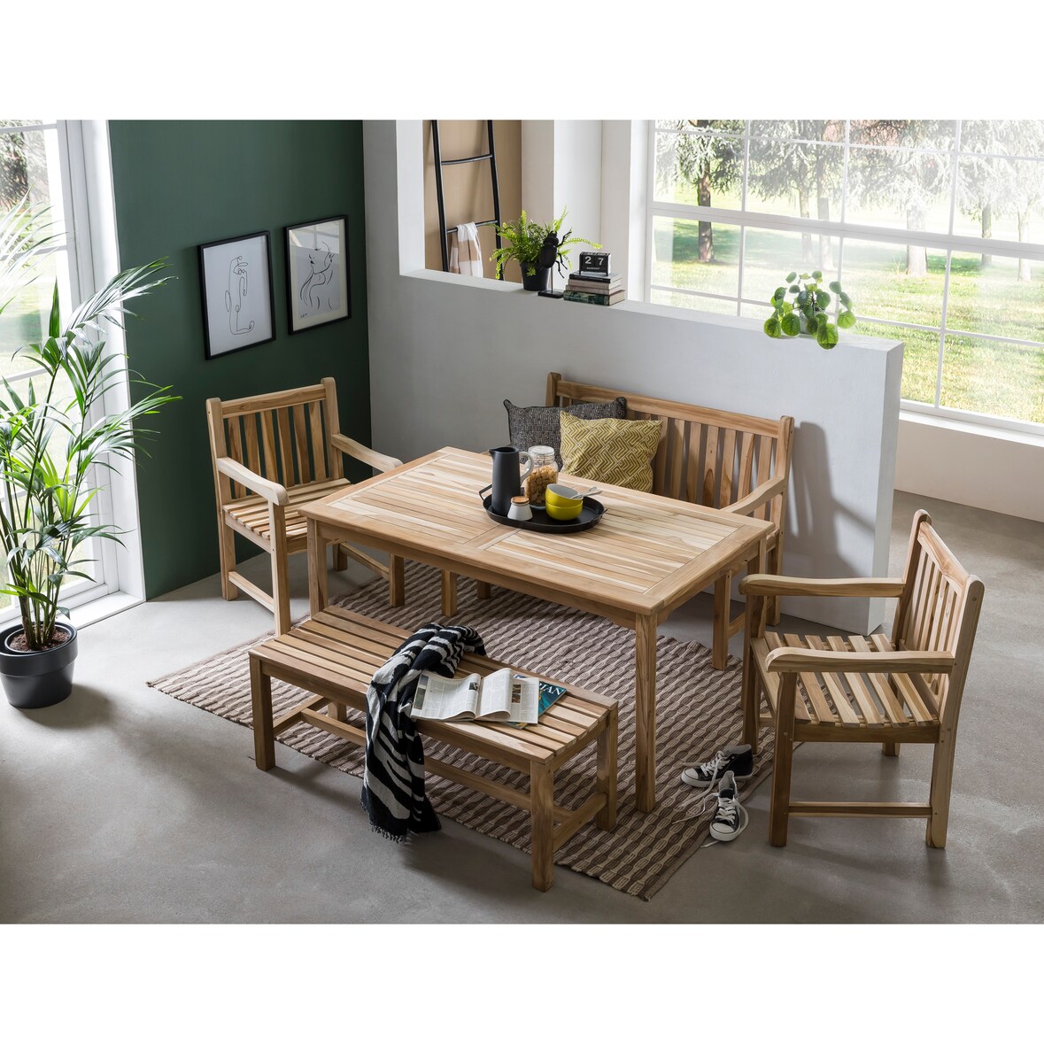 Möbilia Garten Sitzgruppe 5-tlg aus Teak-Holz | 2 Armlehnstühle, 2 Bänke, 1 Tisch | B 0 x T 0 x H 0 cm | natur | 11020021 | Serie GARTEN