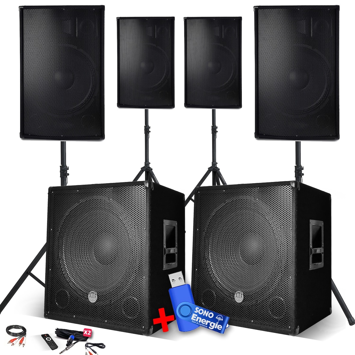 Pack Sono Complet 4800W, 4 Enceintes, 2 Subwoofers USB/BLUETOOTH CABLE PC + Pieds, Prestations SONO DJ  USB 32go inclus