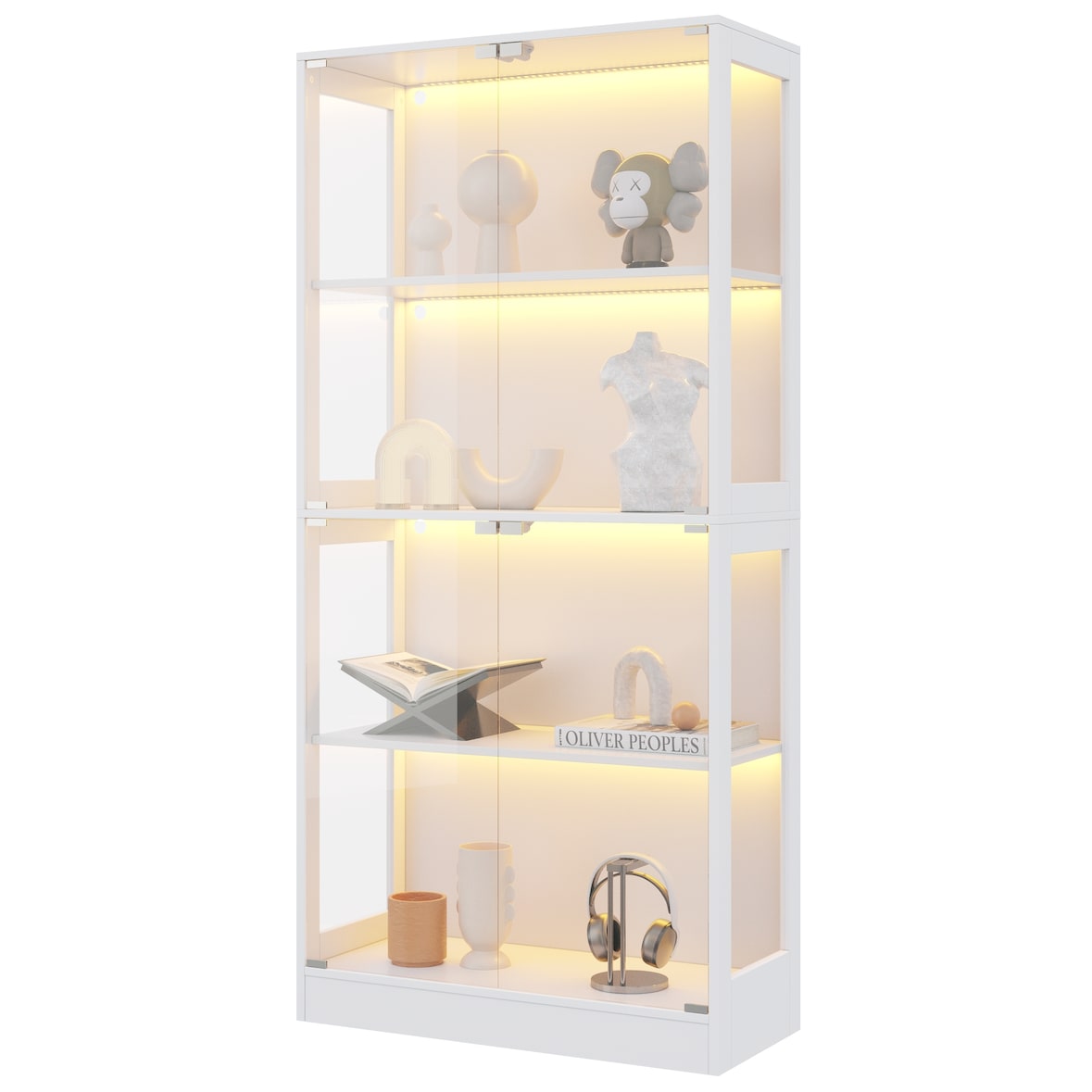 Merax LED Vitrinenschrank 80×35×170 cm, Glasvitrine modern Weiß, Sammlungsvitrine mit App-Steuerung, 4 Ebenen, Push-to-Open Türen