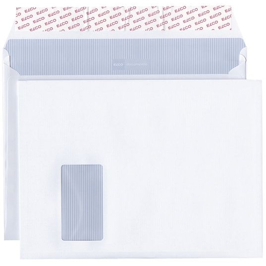 Elco 48684 Versandtasche documento - C4 plus, weiß, 120 g/qm, mit Fenster, Haftklebung, 20 mm Seitenfalte