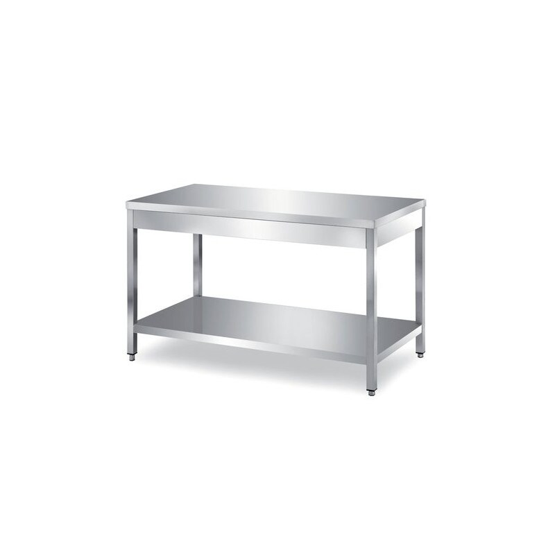 Tavolo inox con ripiano di fondo, senza alzatina posteriore. Prof. 70 - 150x70x85H, AISI 430, con 4 ruote