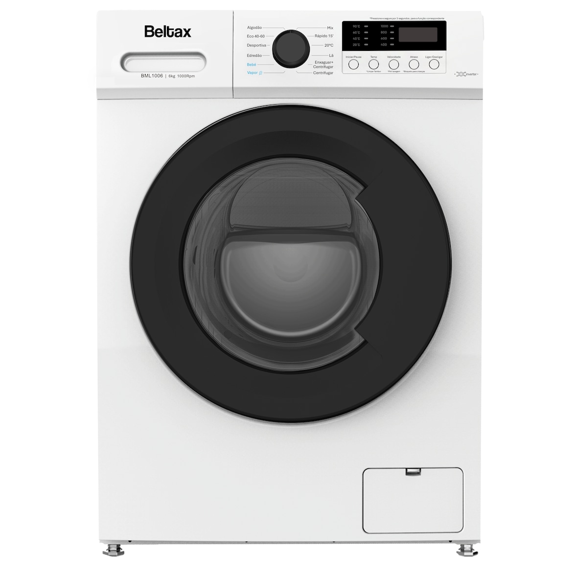 Máquina Lavar Roupa Beltax BML1006; Classe A; Capacidade: 6kg; 1000 rpm; 13 programas; Motor Inverter
