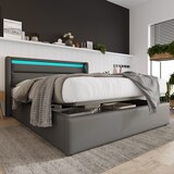 thumbnail of Hydraulisches Polsterbett mit LED-Beleuchtung, Fernbedienung, großem Stauraum, modernes Funktionsbett, PU-Material 160 × 200, Grau