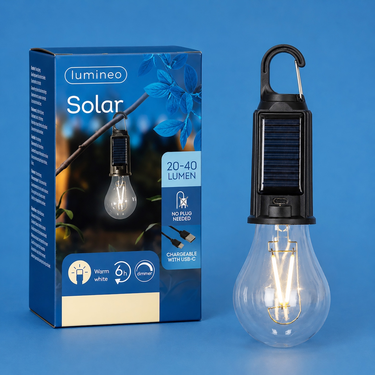 Lumineo Solar LED Glühbirne 6x18cm Kunststoff Solarleuchte mit USB-C Anschluss Außenleuchte Hängeleuchte Garten Balkon Außen Gartendeko Warmweiß