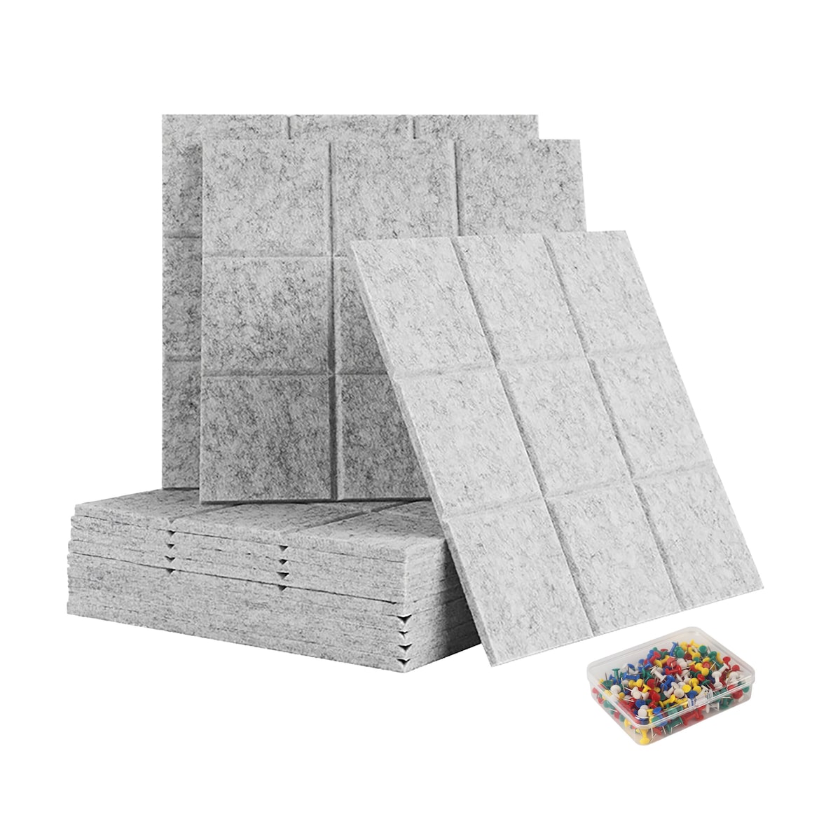 Relaxdays Filzpinnwand, 12 Stück, selbstklebende Quadrate aus Filz, HBT: 30x30x0,9 cm, Filzwand inkl. Pinnnadeln, grau