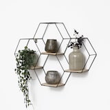 thumbnail of Vierdubbel zeshoekig metalen wandrek met 4 houten plankjes - 40,5x58 cm - Zwart