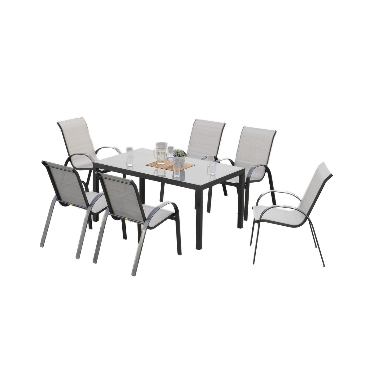 Merxx Amalfi Set 7tlg., 6 Stapelsessel, 1 Tisch 150 x 90 cm, Alumiunium/Textil, graphit/diamantbraun