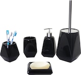 Ein schwarzes Badezimmer-Accessoire-Set mit geometrischem Design.