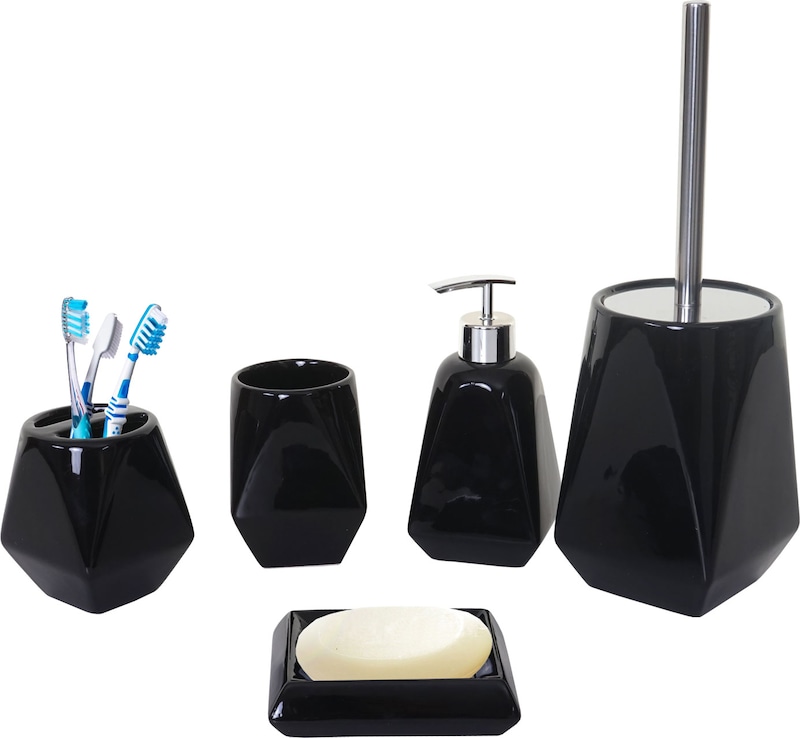 Ein schwarzes Badezimmer-Accessoire-Set mit geometrischem Design.