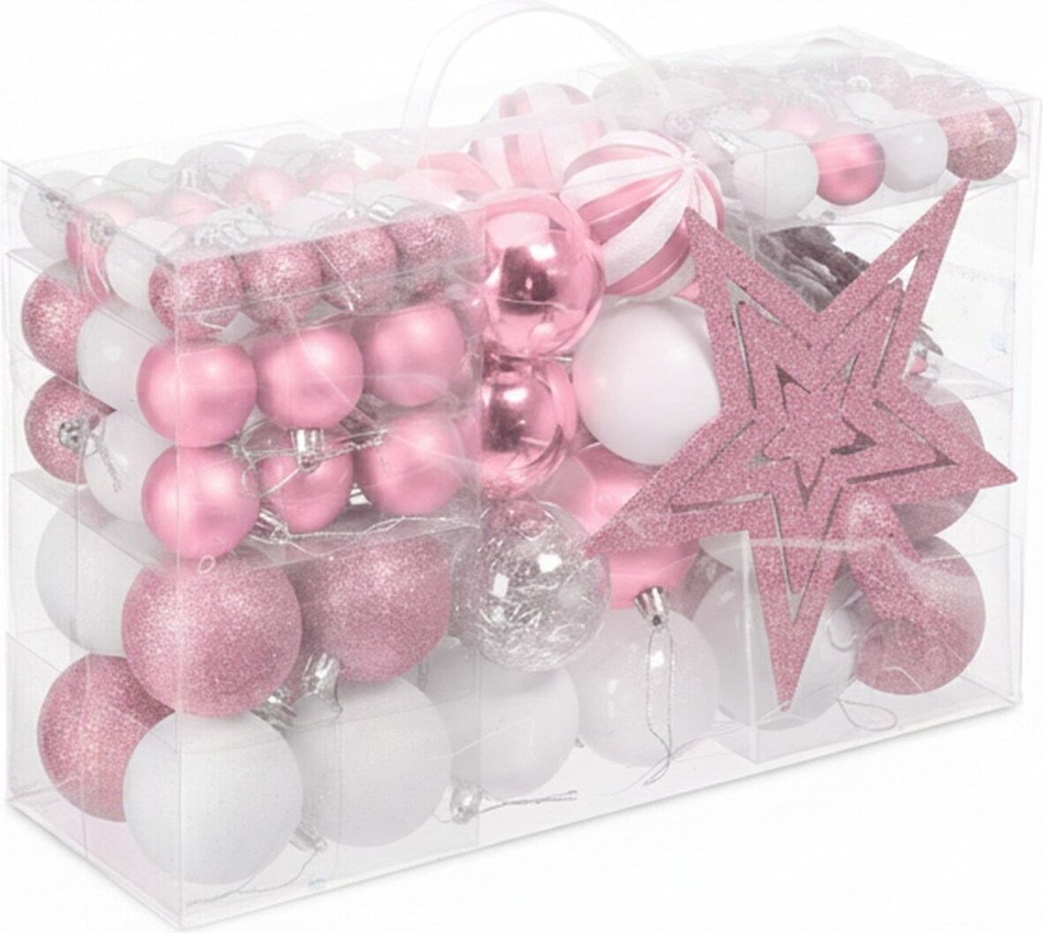 Relaxdays Weihnachtskugeln 101er Set, Kunststoff, Weihnachtsbaumdeko mit Kugeln & Spitze, Christbaumschmuck, rosa/weiß