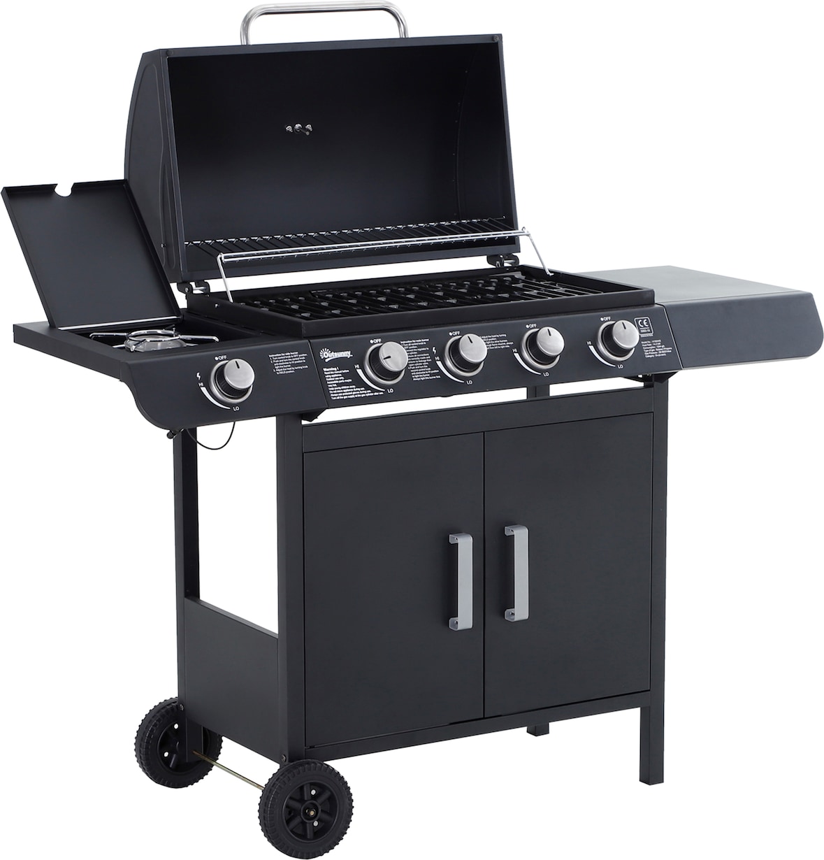 Barbacoa de Gas con Ruedas Parrilla con 4+1 Quemadores 14,4 KW Mesa Lateral Armario de Almacenaje y Termómetro Acero Inoxidable BBQ 125x51x100 cm