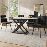 thumbnail of Essgruppe 5-teilig ausziehbarer Esstisch mit 4 Samtstühlen Weiß+Schwarz 160x80x75 cm MDF Metall, modernes Design, platzsparend