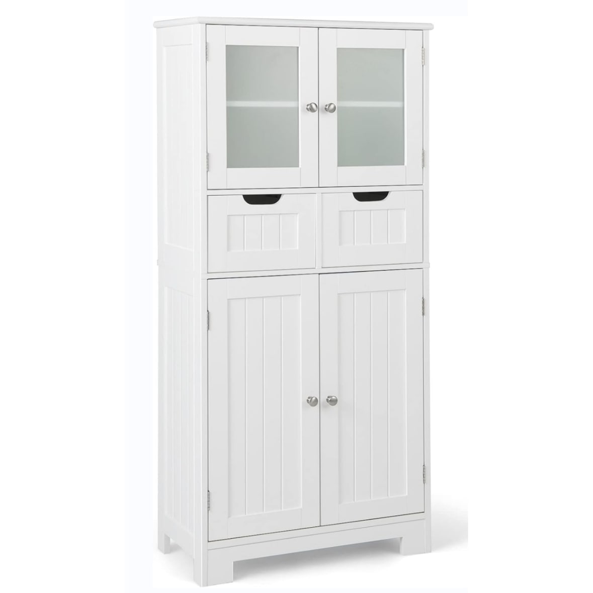 COSTWAY Badezimmerschrank mit 2 Schubladen und 4 Türen, Badezimmerschrank mit verstellbaren Einlegeböden (weiß)