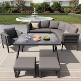 thumbnail of Merax Modulares Gartenmöbel-Set für 8 Personen, Ecksofa Sofa, Glastisch, Sessel & 2 Hockern, mit Sitzkissen & Rückenkissen, wetterfeste, Grau