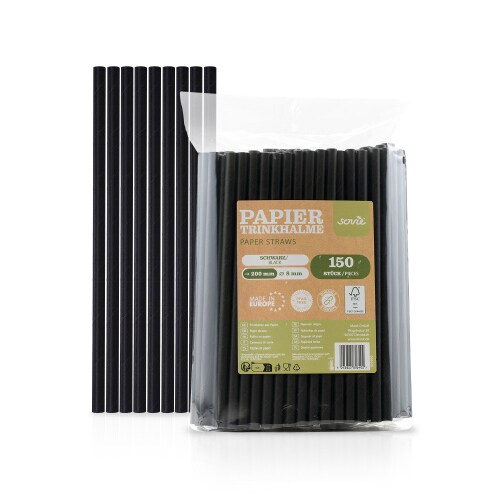 Trinkhalme in schwarz aus Papier,  Ø 8 mm / 20 cm, 3900 Stück verpackt im Folienbeutel - Mank