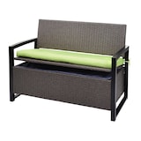 thumbnail of Banco de polirratán 2 plazas HWC-F39, banco de jardín, compartimento de almacenaje, cojines de asiento de almacenaje ~ gris moteado, cojines verdes