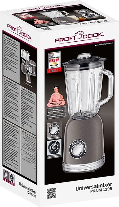 Um mixer universal com recipiente de vidro e carcaça metálica.