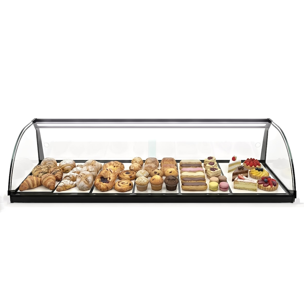 MBH - Expositor neutro de cristal curvado de 120cm para hostelería. Vitrina expositora de sobremesa neutra para bar y restaurante. Con LED.